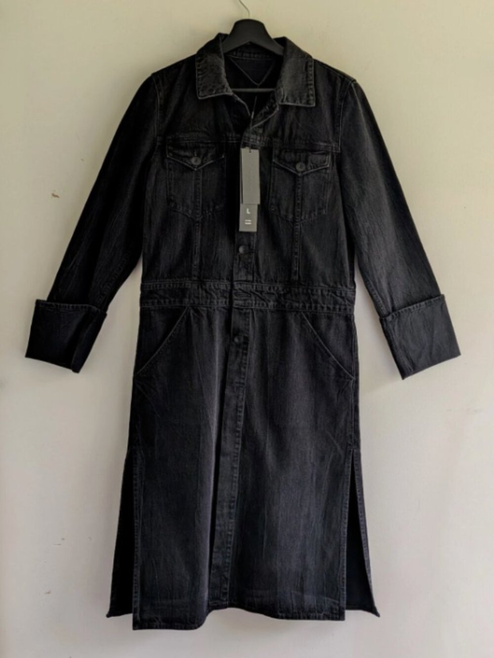 NWT Helmut Lang Trench Coat Dress L Black Denim Cuffed Side Slit G10HW401 Goth